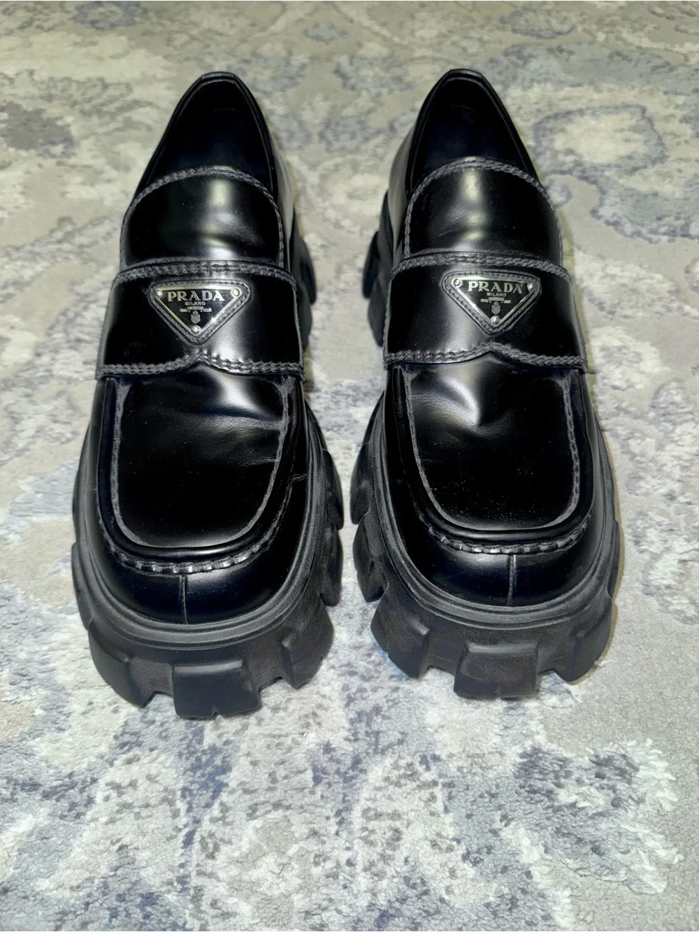 Prada Black Leather Lug Sole Penny Monolith Loafers